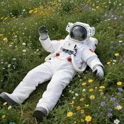 an astronaut lying in field of flowers.