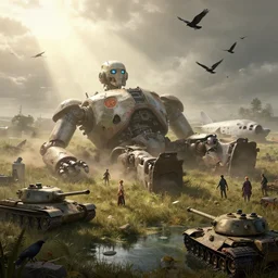 rural wisconsin after giant robot apocalypse, dead giant robot laying in field, tanks, crashed planes, overgrown, crows, mist, sunrays, dust in the air, dnd character, unreal engine, octane render, dramatic lighting, pond, digital art, by stanley artgerm lau, greg rutkowski, thomas kindkade, alphonse mucha, loish, norman rockwell,