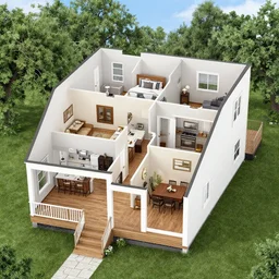 the inside of a : house is a two - story, rectangular shaped house. the first floor is the living area with a kitchen, living room, and dining room. there is also a half bathroom on the first floor. the second floor is the bedroom floor with three bedrooms and a full bathroom. the house has a front porch and a back deck.