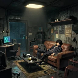 a hd technical concept art of a ( ( ( ( ( ( ( cyberpunk ) ) ) ) ) ) ) cramped low - ceiling studio apartment interior!!!!!! by senior concept artist, a screenshot from the beautiful tech ( ( noir ) ) science fiction anime!!! about the lonely detective asleep on the couch, from the anime film ergo proxy, trending on artstation