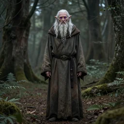 an elderly aasimar wearing robes that lives in the forest, homeless, full body shot, purple eyes