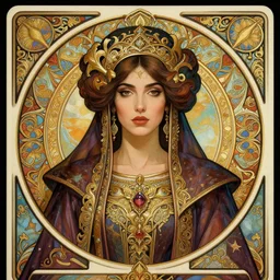 head-on symmetrical centered painted portrait, Mai Ezz Eldin as a D&D wizard, ornate robes, art nouveau, tarot card style, fantasy, intricate, elegant, highly detailed, smooth, sharp focus, illustration, artstation, in the style of Artgerm and Anna Podedworna and Alex Ross and Mucha