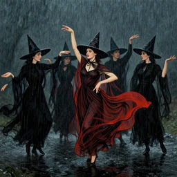 witches dancing in rain. dynamic gestures. flowing lines and colors highlight the movement. serenity.., film still by kubrick, depicted by herbert james draper, arnold bocklin, john willaim godward, sir lawrence alma - tadema. vibrant color palette, very intricate details, minimalist.
