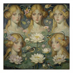 breathtaking detailed concept art painting art deco pattern of blonde faces goddesses amalmation water lily flowers with anxious piercing eyes and blend of flowers and birds, by hsiao - ron cheng and john james audubon, bizarre compositions, exquisite detail, extremely moody lighting, 8 k