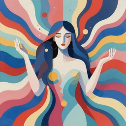 a beautiful perfect goddess emerging from many - colored streams of paint, psychedelic, trippy, abstract, cubist, symmetric, mirrored, abstraction, fractal patterns, mirrored, irridescent, vector art, clean lines, hyper detailed, trending on artstation, luminescent