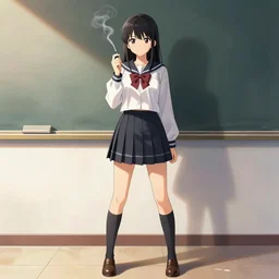 school girl smoking, school uniform, seifuku, pleated miniskirt, overknee socks, battle angel alita. by rembrandt 1 6 6 7, illustration, by konstantin razumov