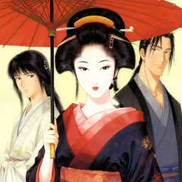 a portrait of a beautiful geisha with an umbrella sticking out of her hair, by takehiko inoue and kim jung gi and thomas kinkade, masterpiece illustration, realistic face and anatomy