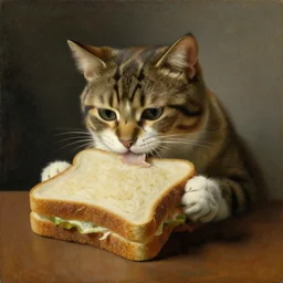 an oil painting of a cat eating a big sandwich, by Rembrant