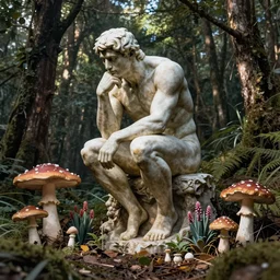 the thinker sculpture surrounded by magic mushrooms and peyote, sitting in a forest, sketch
