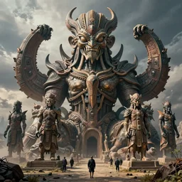 detailed ultrarealistic photography of cyberpunk postapocalyptic gigantic organic rustic robust tribal cthulhu statue craig mullins, vallejo, moebius, ian miller, wayne barlowe, greg rutkowski, mucha cinematic, full shot, symmetric