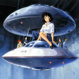 a film still of a 1 9 5 0's mechanic anime girl sitting on top of flying ufo landing in hangar of giant ufo spaceship, trending on pixiv fanbox, painted by gaston bussiere, makoto shinkai, akihiko yoshida, gaston bussiere, craig mullins
