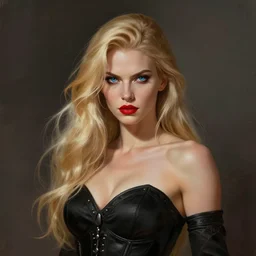 artistic portrait of a confident and severe looking northern warrior goddess, long blond hair, beautiful blue eyes and red lips, perfect fit body, black clothes, art by artgerm and greg rutkowski and magali villeneuve, highly detailed, digital painting, trending on artstation, concept art, sharp focus, illustration, masterpiece
