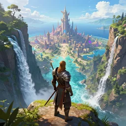 A Fantasy Warrior, standing on a cliffside, beside a beautiful colourful waterfall, over looking a large Fantasy city in the middle of the ocean, trending artstation, 8k, highly detailed, matte painting, concept art, over the shoulder camera
