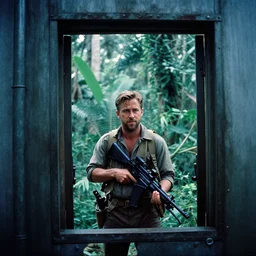 film still, extreme far view, ryan gosling, jungle, vietnam door gunner, apocalypse now, associated press, 2 6 mm, kodak ektachrome, blue tint expired film