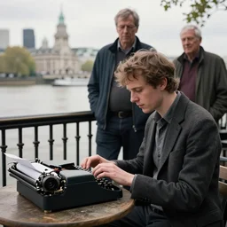 portrait of street poet Luke Davis working on a typewriter the bank of the thames. by Mark Mann and Steve McCurry. Nikon D850. Sigma 85mm F1.4 DG HSM A. Aperture f/3.5. Shutter speed 1/60. ISO 1600