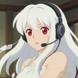 anime film still portrait of a japanese young woman, large red eyes, long white hair, wearing a headset in her room interior, detailed facial features, dynamic pose, cute face by ilya kuvshinov, makoto shinkai takashi takeuchi studio ghibli, akihiko yoshida, 4 k