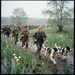 movie still by tarkovsky of a crowd of hunters and dogs running in a swamp with muguets in may, cinestill 8 0 0 t 3 5 mm, heavy grain, high quality, muddy, foggy