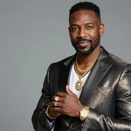 mr. t as president of the galaxy wearing gold jewelry and a shiny suit, professional studio photo