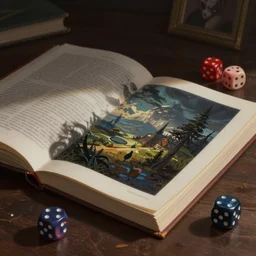 Book and dices on the table, arham horror art by John Pacer and olivia mcbride, digital painting, artstation, concept art, smooth, sharp focus, illustration