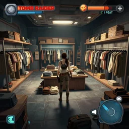 inside a clothing store, on a spaceship, from a point and click 2 d graphic adventure game, set design inspired slightly by tomb raider, art inspired by [ [ thomas kinkade ] ] and [ mark keathley ]