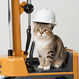 cat in a fitting safety helmet, operating mini industrial crane machine