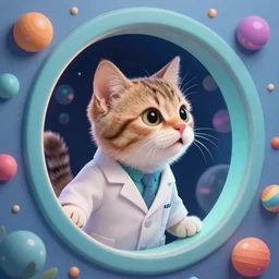 Cute colourful art of a surprised kitten in a lab coat peeking through the interdimensional portal. Detailed profile picture. Award-winning digital art, trending on artstation
