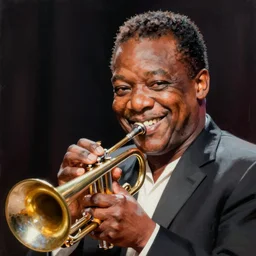 a portrait of louis armstrong smiling, holding his trumpet, by greg manchess, dramatic lighting, highly detailed digital painting