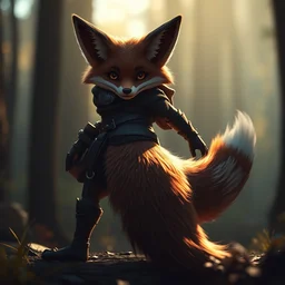 a medevial anthropomorphic fox assassin with a fluffy tail in the forest, trending on artstation, furry art, digital art, warm light, bokeh, backlighting, assassins creed, cgi