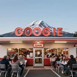 1 9 7 5 googie oregon mt. hood themed classic american diner, people sitting at tables, googie architecture, one point perspective, americana, restaurant exterior photography, hd 4 k, taken by alex webb