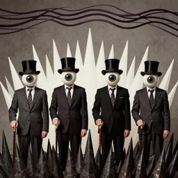 four men with eyeball heads wearing top hats and suits holding canes while standing behind dark pointy spikes, white pointy spieks behind them in the centre, wavey dark lines at the top, pastiche, album art