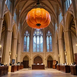 large gothic hall with a large pumpkin on the ceiling, moonlight, art station, detailed, colorful, symmetrical