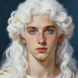 a beautiful close - up of a young white - haired! greek god apollo ( female ) with very long curly hair and thin - eyebrows!, digital art by edward hopper, vibrant color scheme, highly detailed, in the style of romanticism, fine art, high detail, great lighting, 8 k resolution, masterpiece, concept art, illustration, clear eyes, soft lighting, soft details, painting oil on canvas, octane render, hdr, trending on artstation, 4 k, 8 k, hd