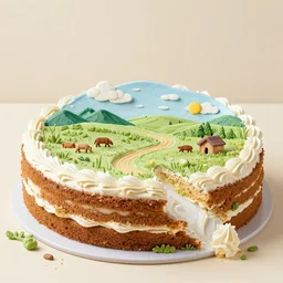 A prairie landscape made entirely of cake and frosting, still life
