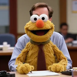 film still from the office, dwight schrute as a mumpet!!. highly detailed felt. hyper real photo, octane, sesame street, jim henson, 4 k.