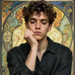 portrait of a handsome non binary criminal lost in thought, by alphonse mucha, intense desire, high quality, high detail