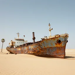 an abandoned rusty cargo ship, wreck, sitting in the desert, palm trees and rocks, intricate extremely detailed line art and watercolor by kim jung gi