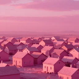 village, houses with faces, sunset atmosphere, pink, low contrast, naive, detailed