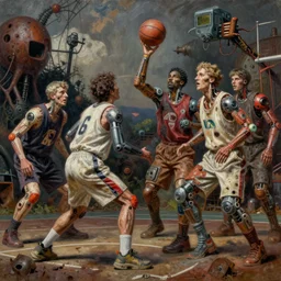 junky playing basketball, cybertronic gadgets, flesh + technology, durty colours, rotten textures, rusty shapes, biotechnology, norman rockwell, tim hildebrandt, viktor safonkin, dariusz zawadzki, bruce pennington, larry elmore, intricate details, hyperrealistic oil painting on canvas, deep depth field