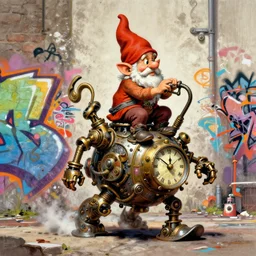 Graffiti Spraypaint A gnome gnome riding a steampunk automaton clockwork golem golem by frank frazetta greg rutkowski alberto sughi elina brotherus peter doig robert rauschenberg mark ryden tombow