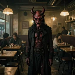 2 0 0 0 s footage of a demon standing in a dimly lit cafe