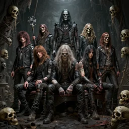 a crypt of undead rock band with skulls, realistic, extremely detailed, sharp focus, wide view, smooth, digital illustration, octane render, unreal engine 6, ray tracing, by james jean, by rossdraws, by frank franzzeta, by mcbess, by sakimichan, by brosmin, by danton fadeev, by steve simpson