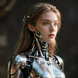 beautiful young cybernetic woman, metal skin complicated robotics, half human, half robotic, cyborg, metallic shiny,