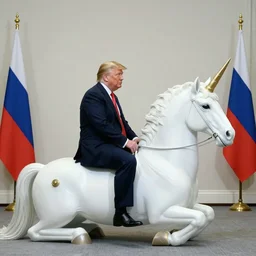 an award winning pulitzer price analog photograph of donald trump and vladimir putin russia sitting on a unicorn. wide angle
