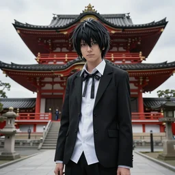a photo of Ryuk frop death note in a traditional japanese temple, ultra realistic, 4k, cloudy weather