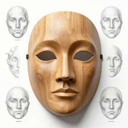 wood and flesh mask design, character sheet, Moebius, Greg Rutkowski, Zabrocki, Karlkka, Jayison Devadas, Phuoc Quan, trending on Artstation, 8K, ultra wide angle, zenith view, pincushion lens effect.