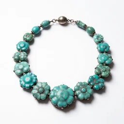 antique turquoise squash blossom necklace, studio product photography, isolated on a pure white background, centered, entire object in frame, sharp focus, soft studio lighting