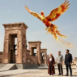 a phoenix flying above the architectural ruins of persepolis by greg rutkowski and frank frazetta and peter mohrbacher and william blake and dan mumford