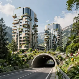 maximalism art, denis villeneuve establishing shot of modern bjarke ingels condo building and gotthard tunnel entrance combined, roads tunnel under bjarke ingels condo building, lush environment, scifi artstation digital concept art, unreal engine, hyper realism, realistic shading, octane render, wide shot