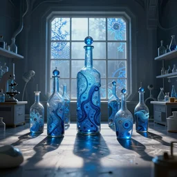 magical laboratory, windows, cast shadows. fractal bottles, blue intricate environment, art by victo ngai, rossdraws, greg rutkowski, thomas kinkade, ilya kuvshinov, peter mohrbacher, craig mullins. unreal engine 5, blender, octane, ray tracing, dramatic studio lighting, sharp focus, masterpiece, post processing