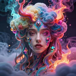 a beautiful girl in colorful liquid clouds and neon smoke, liquid flames, extremely psychedelic experience, psilocybin, dmt, lsd, perfect face, highly detailed, artstation, concept art,, sharp focus, digital art by hana yata, and artem demura and beeple, lisa frank, cyberpunk, octane render, unreal engine, 8 k